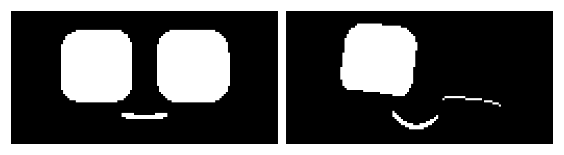 A head tilted by roll, eyes open on the left; the same tilt with the right eye closing on the right. The eyelid line is not horizontal — it follows the head's tilt, because the lid clips the eye's local shape before that shape is rotated onto the screen.